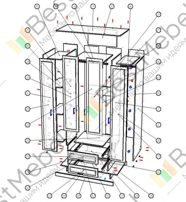 Схема сборки Шкаф 4-х дверный с зеркалами Юлианна BMS