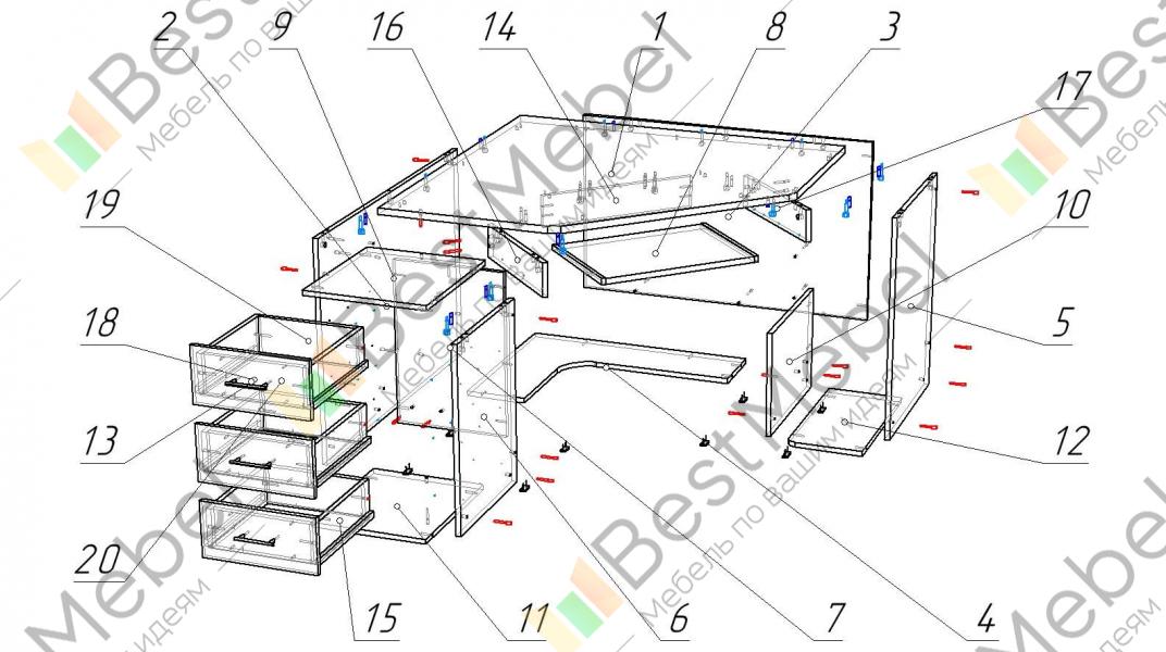Схема сборки углового стола Орбита Стол К-3 13.11 в интернет магазине Happy home